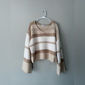 Sincerely Jules Striped V-Neck Knit Sweater - Beige & White